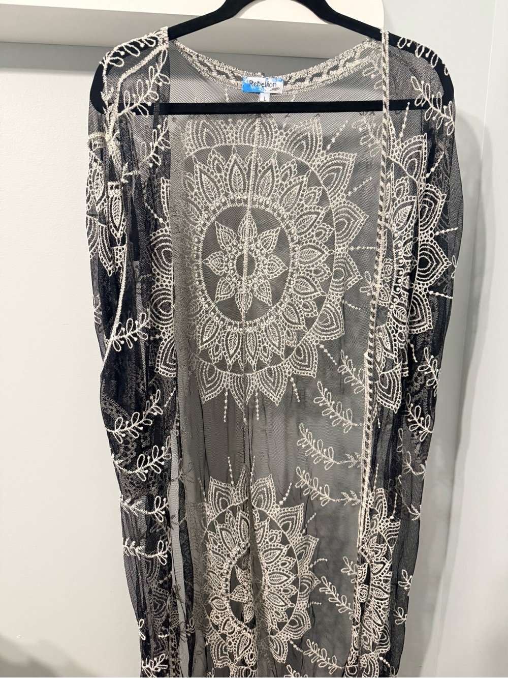 Rebellion Black Sheer Kimono with White Embroidered Mandala - Picture 4 of 4
